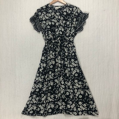 Max Studio Black Floral Midi Dress Ruffle Short Sleeve Tie Waist V Neck