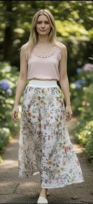 Elena Baldi Silk Blend Ivory Floral Pull-On Maxi Skirt A-Line M Cottage/Fairy