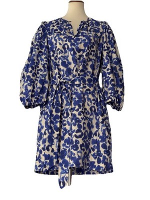 Baum Und Pferdgarten Dress Sz38 (US M-L) Blue/Ivory Organic Cotton Puff Slv Belt