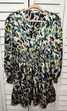 Entro Leopard Print Puff Sleeve Smocked Tiered Satin Dress Women’s Size Small