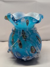 Vintage Blown Art Murano Blue Glass Ruffled Millefiori Vase 5.5 Tall GUC
