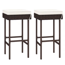 Patio Set of 2 Rattan Barstools Outdoor Wicker Bar Height Chairs w/ Footrest