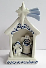 Blue Delft Porcelain Ceranic Nativity Manger Angel And Baby Jesus Ornament Vtg