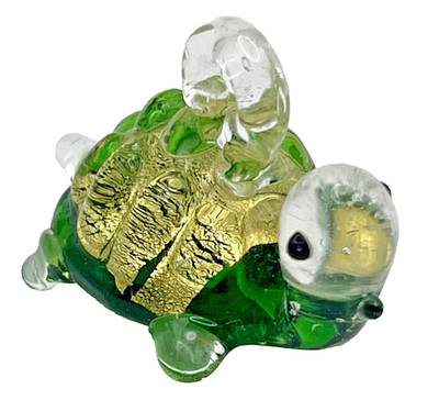 Glass Turtle Pendant Handmade Figurine  Green Metallic Gold Tone Nick Nack Charm