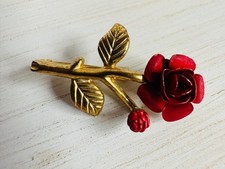 Pair of Vintage Red Plastic Rose Flower Brooches with Green Stems — listing 2