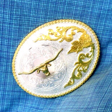 Longhorn Belt Buckle Western Floral Scroll Cowboy Cowgirl Vtg 90s Nocona .QRT613