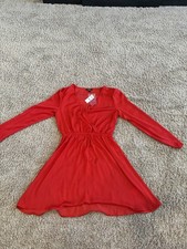 Express Red Chiffon V-Neck Puff Long Sleeve A-Line Short Dress Smocked S