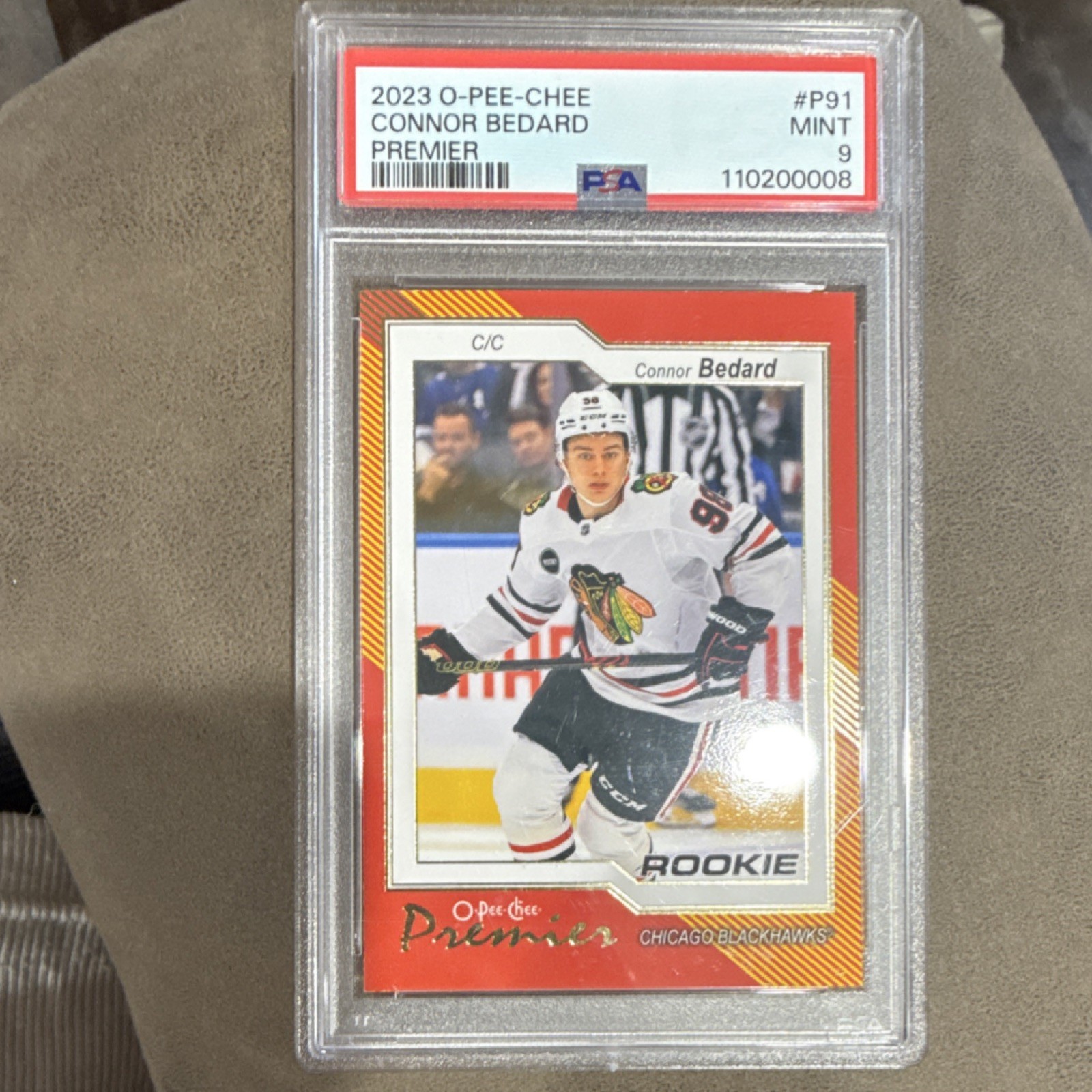 O-Pee-Chee 2023-24 Premier Connor Bedard Rookie P-91 PSA 9 Blackhawks