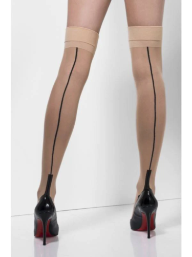 SEAMED HOLD UPS LADIES SEXY TAN COLOURED STOCKINGS FANCY DRESS ACCESSORY - Afbeelding 1 van 2
