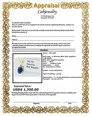 ECHTER 1,40 kt STERNSAPHIR ANHÄNGER 14K GELBGOLD - kostenloses Zertifikat - Neu mit Etikett