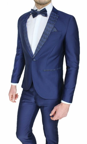 Elegante abito da uomo sartoriale in raso blu estivo completo vestito slim  fit | eBay
