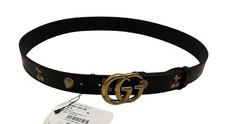 Gucci Black Leather Strawberry Cherry GG Marmont Belt, Size 85 - NEW