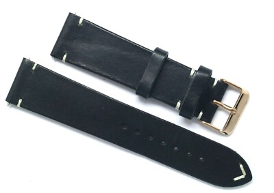 22mm Black/White Genuine Leather Classic Watch Band Strap Rose Gold Tone Buckle
