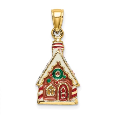 14k Gelbgold 3-D Emaille Lebkuchenhaus Charm Anhänger 5,9g, L-25mm, B-7,9mm