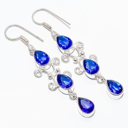 Blue Sapphire (Simulated) Gemstone 925 Sterling Silver Earring 2.73" TE7507-426