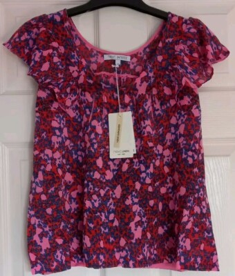 NEXT Petite Top XS Pink Multi Pattern Linen Blend Cap Sleeve Pink Edging NWT