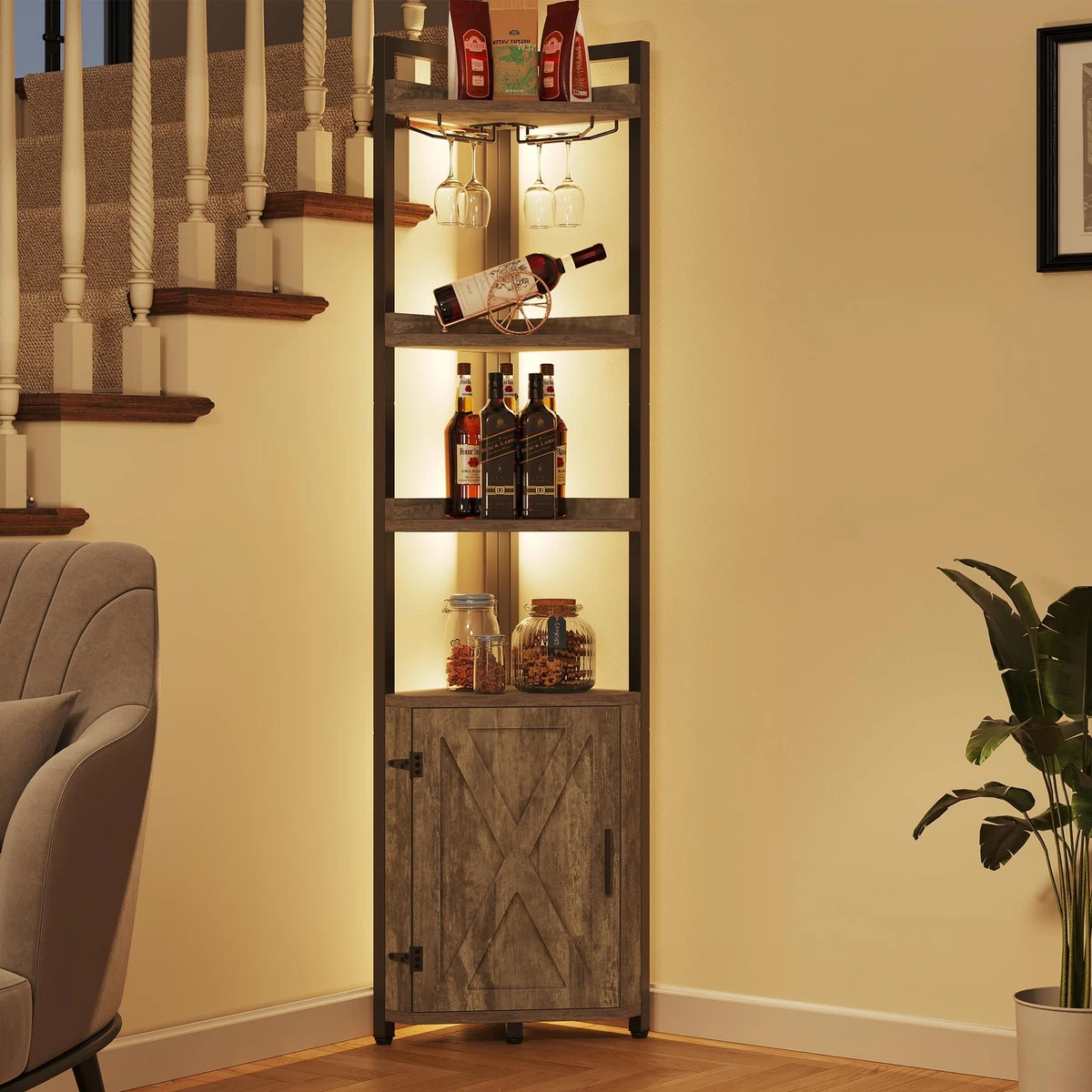 Corner Shelf, Corner Wine Rack with Glass Holder, 5 Tier Corner