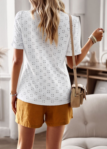 Camiseta informal para mujer Top verano cuello redondo ahuecada costura temperamento - Imagen 6 de 15