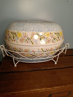 Temp-Tations Casserole Dish, Ceramic, ''Bouquet'', Lid, Wire Server, Egg Shaped