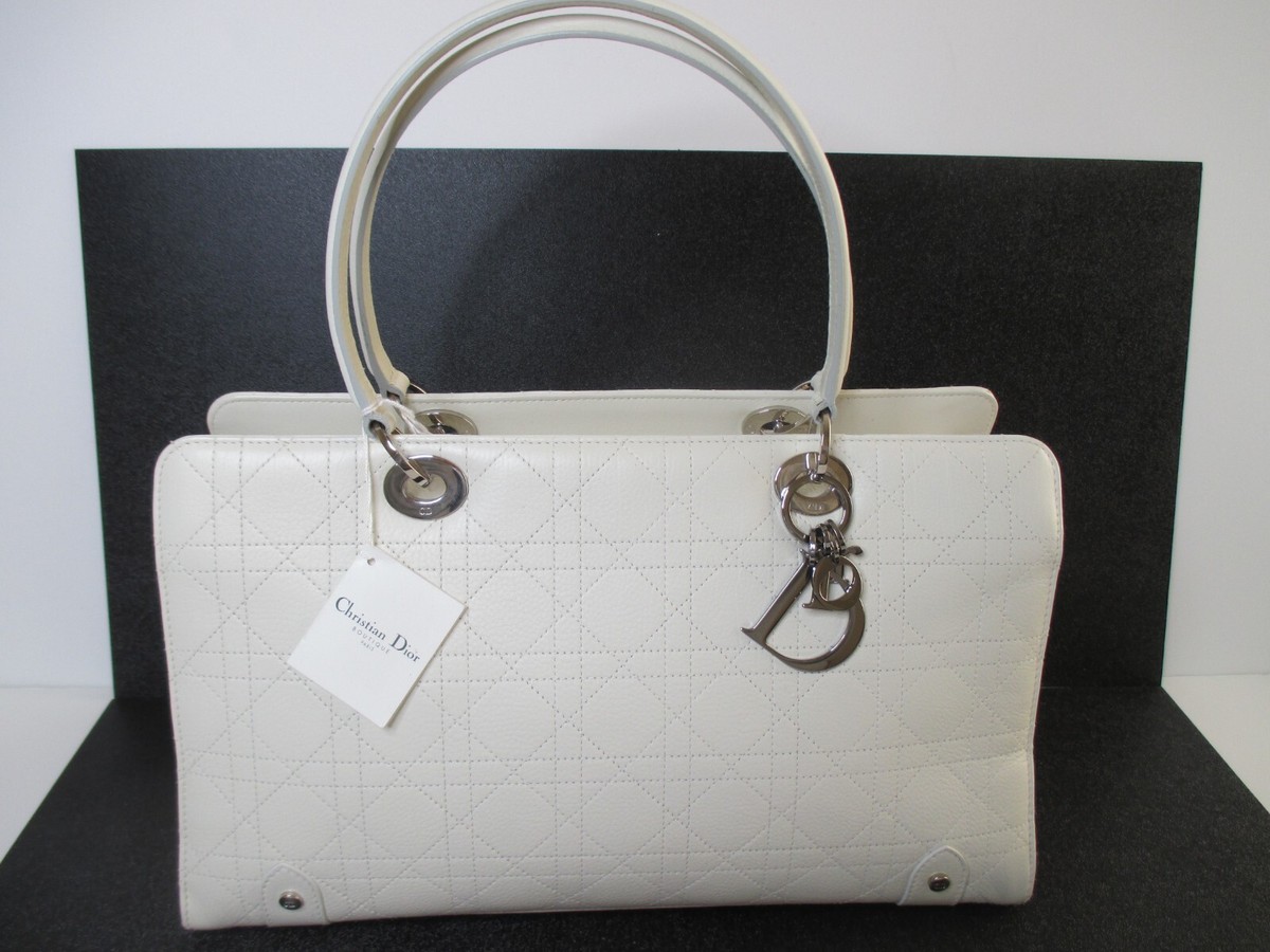 CHRISTIAN DIOR LADY DIOR LARGE WHITE LEATHER HAND BAG PURSE