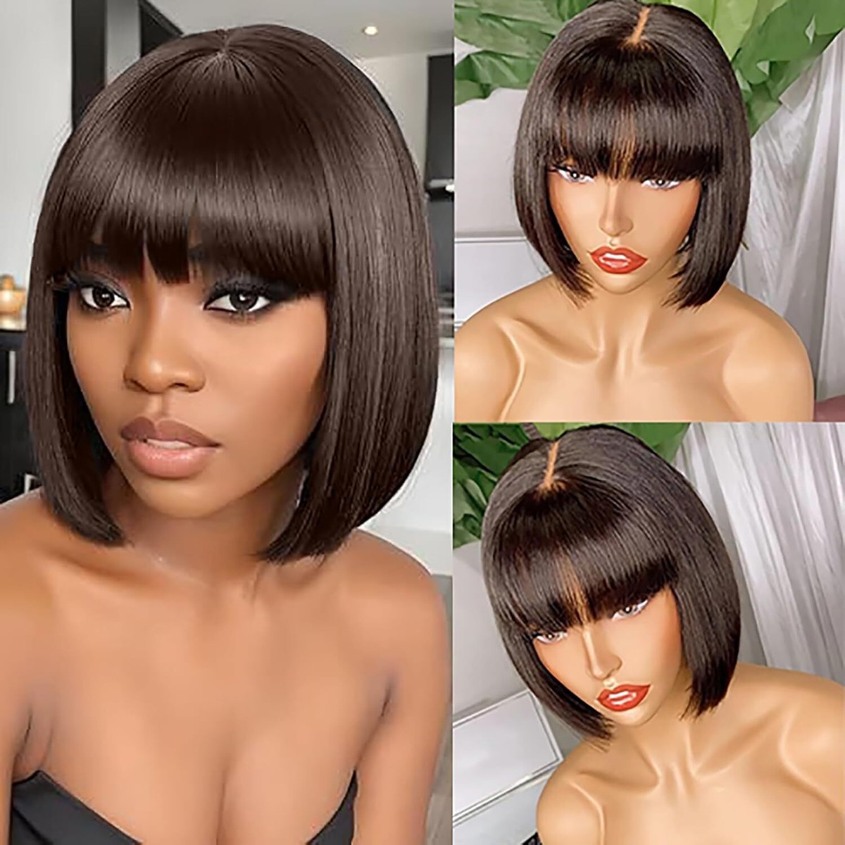 Short Bob Wig with Bangs Black Human Hair Glueless Straight 