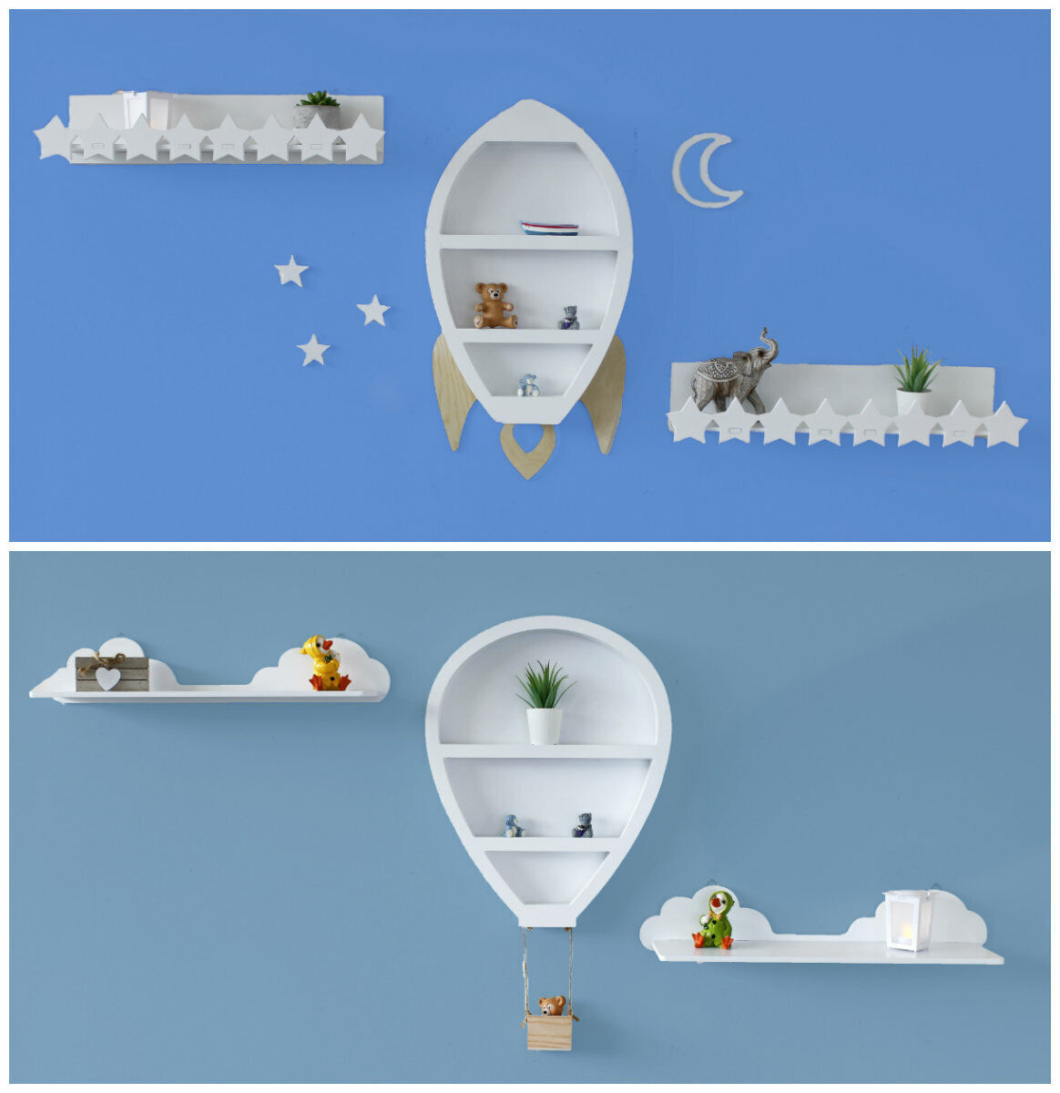 White Wooden Hanging Wall Shelves Rocket Balloon Clouds Novelty