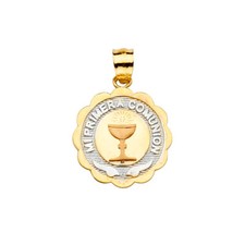 14K Tri Color Gold Primera Communion Religious Charm Pendant For Necklace Chain