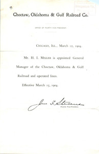 1904 Choctaw, Oklahoma & Gulf Railroad Circular Announcing New General Manager