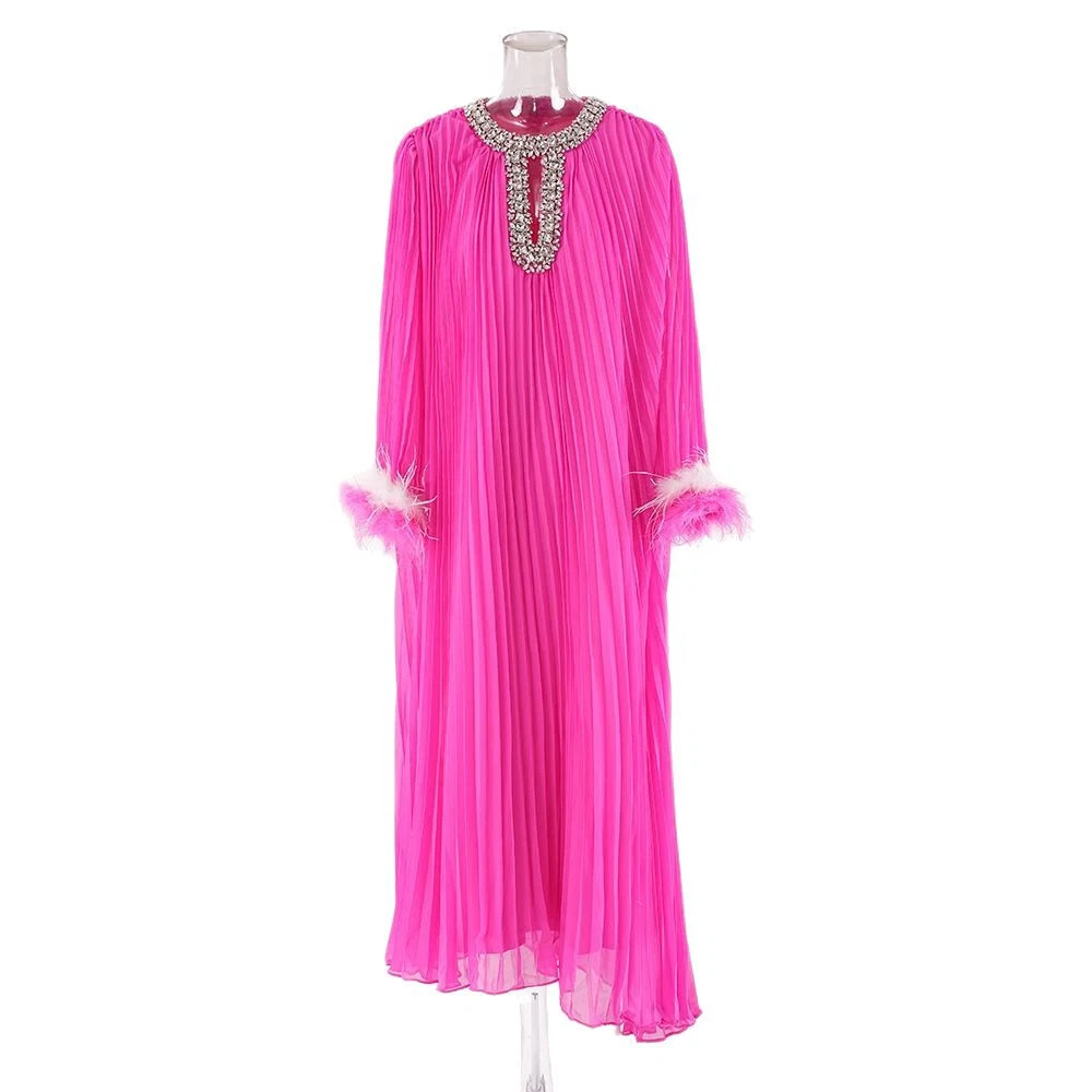 OFF WHITE Gonna lunga patchwork manica pelliccia struzzo estiva nuova casual vestibilità ampia abito