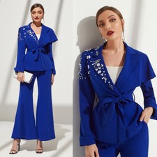 Business Women's Suits Pearl Beading Peak Lapel Wedding Party Casual Pant Suits