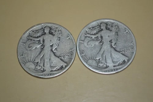 PAIR OF (2) 1917-S WALKING LIBERTY HALF DOLLAR COINS 90% SILVER RIM NICKS GOOD