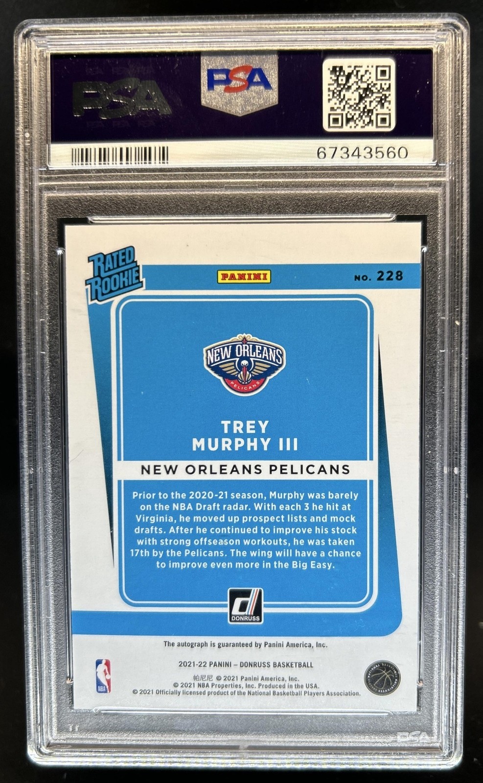 2021-22 Panini Donruss Trey Murphy III Rated Rookie Choice RC Auto #228 PSA 10 view 2