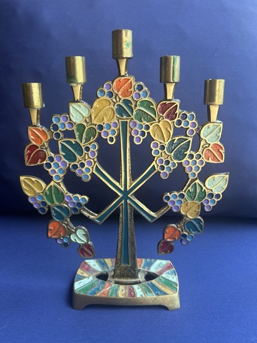 Vintage Terra Sancta Guild Israel 5 Candle Brass Colorful Enamel Candelabra
