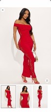 Red Off Shoulder Ruched Lace Side Panel Bodycon Maxi Dress Long Sleeveless S