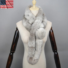 Women's Genuine Rabbit Fur Scarf Warm Winter Long Fluffy Pompom Knit