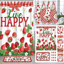 18 Pcs Red Strawberry Shower Curtain Set Strawberry Fruit Shower Fabric Bathr...