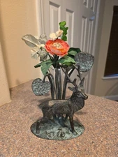 Bronze Ethan Allen Epergn Deer Stag Statue Clear Glass Flower Vase Cabin Decor