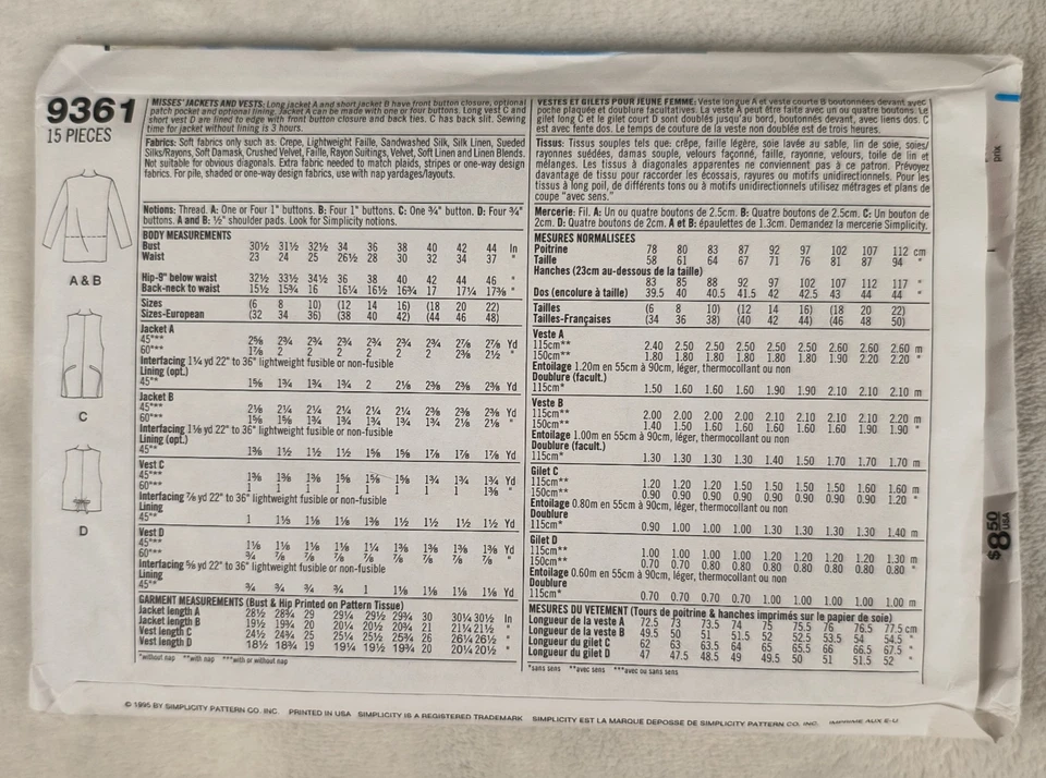 Vintage 90s Simplicity Pattern 9361 Jacket Vest 12 14 16 Uncut - Image 3 of 3