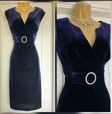 Vintage 1950s Style Stretch Navy Velvet Party Pencil Dress Size 14 Graduation 
