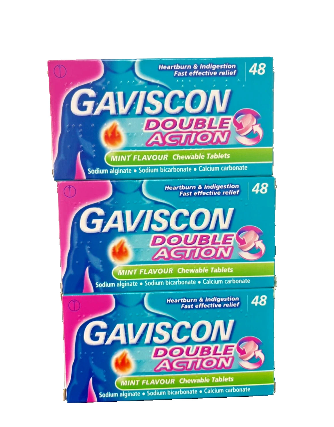 3 x Gaviscon Double Action Mint 48 Tablets.  exp 02/2028