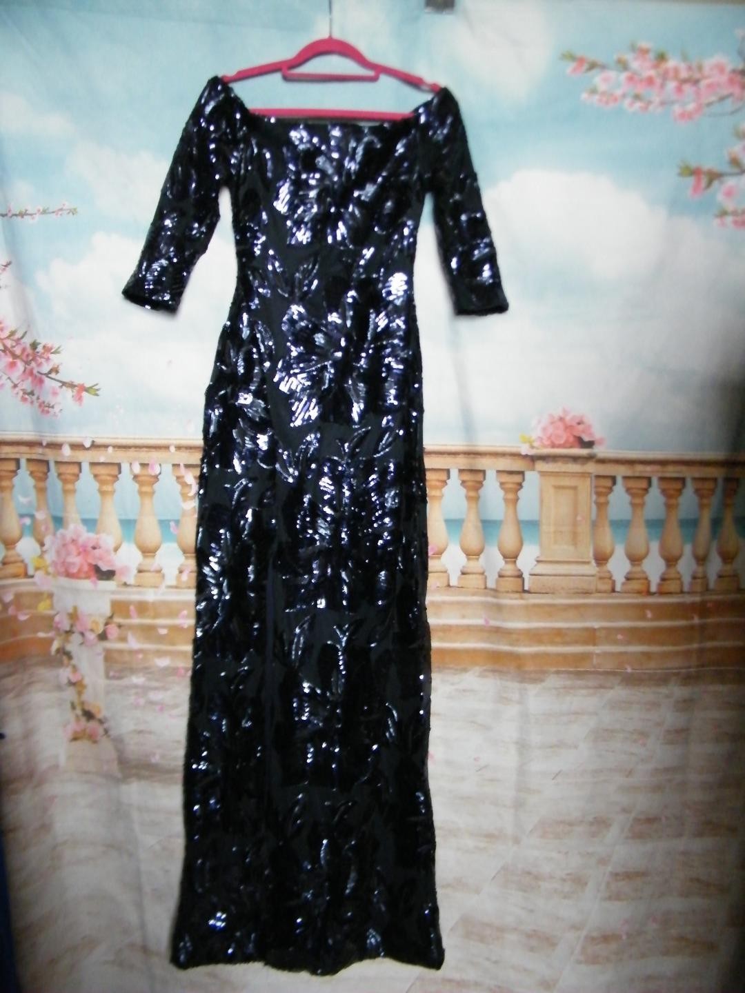 Quiz Maxi Evening Dress 6 Navy Blue Sequin Bodycon Bardot Long Sleeves Gatsby