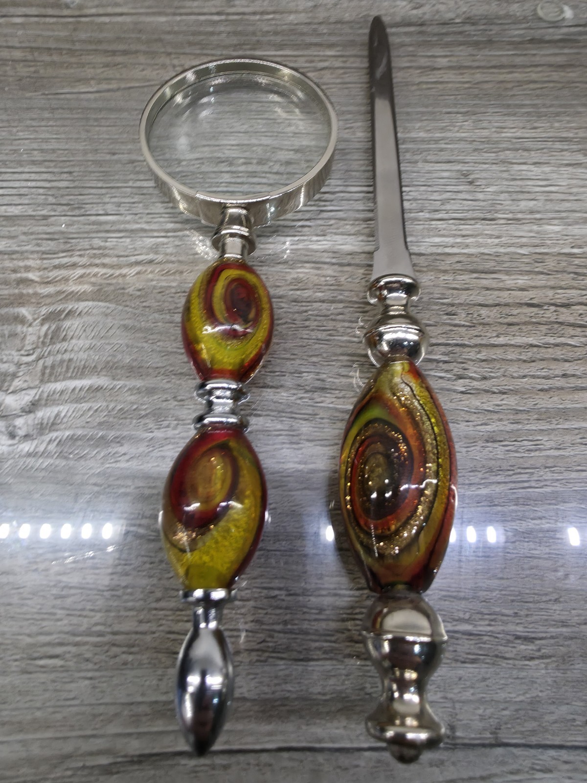 Murano glass handled letter opener and magnifying glass