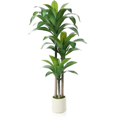 Kazeila künstliche Dracaena Pflanze 150 cm unechter hoher Baum mit weißem Pflanzgefäß, künstlich