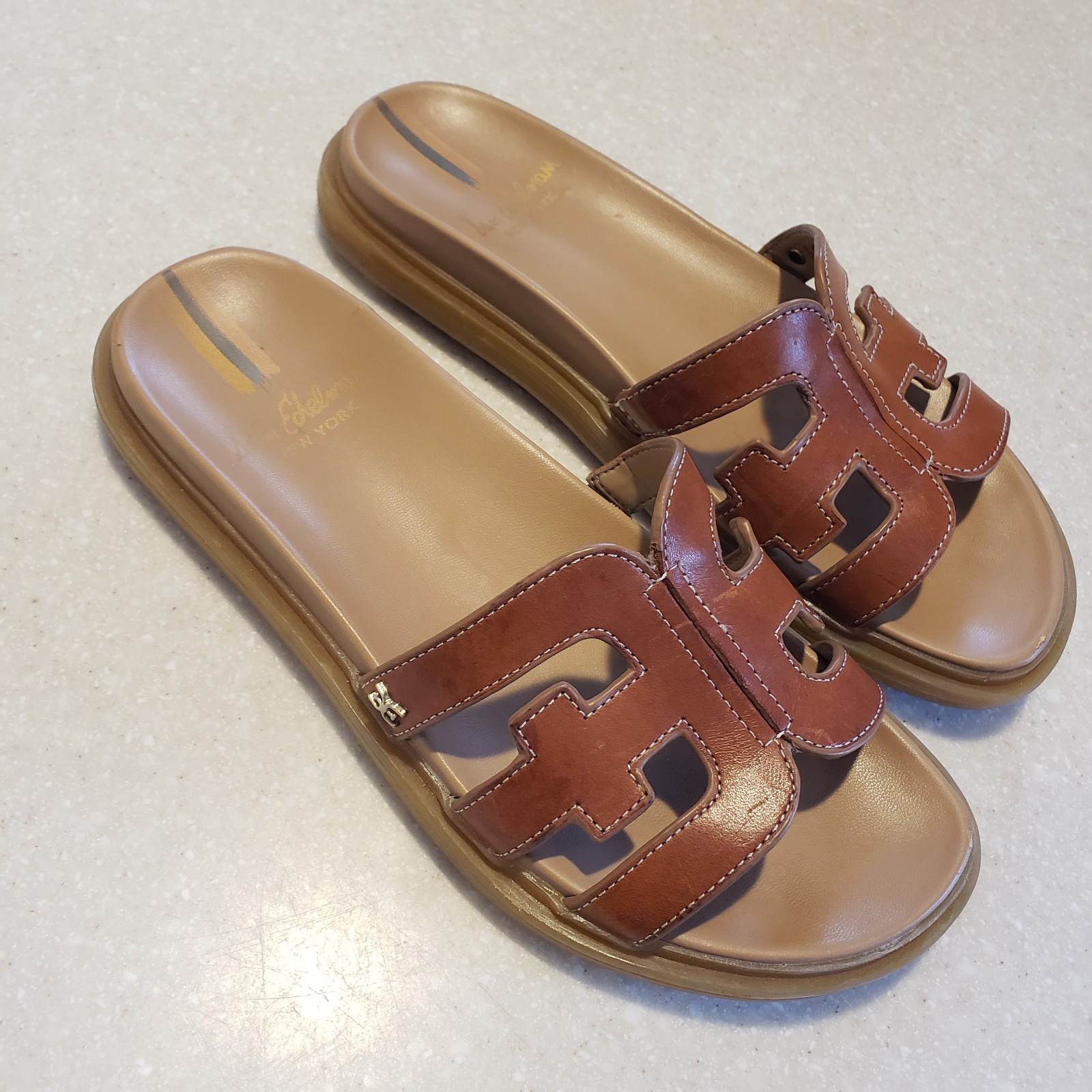 Sam Edelman Valeri Slide Sandal Women 7.5 Tan Brown Saddle Leather Comfort
