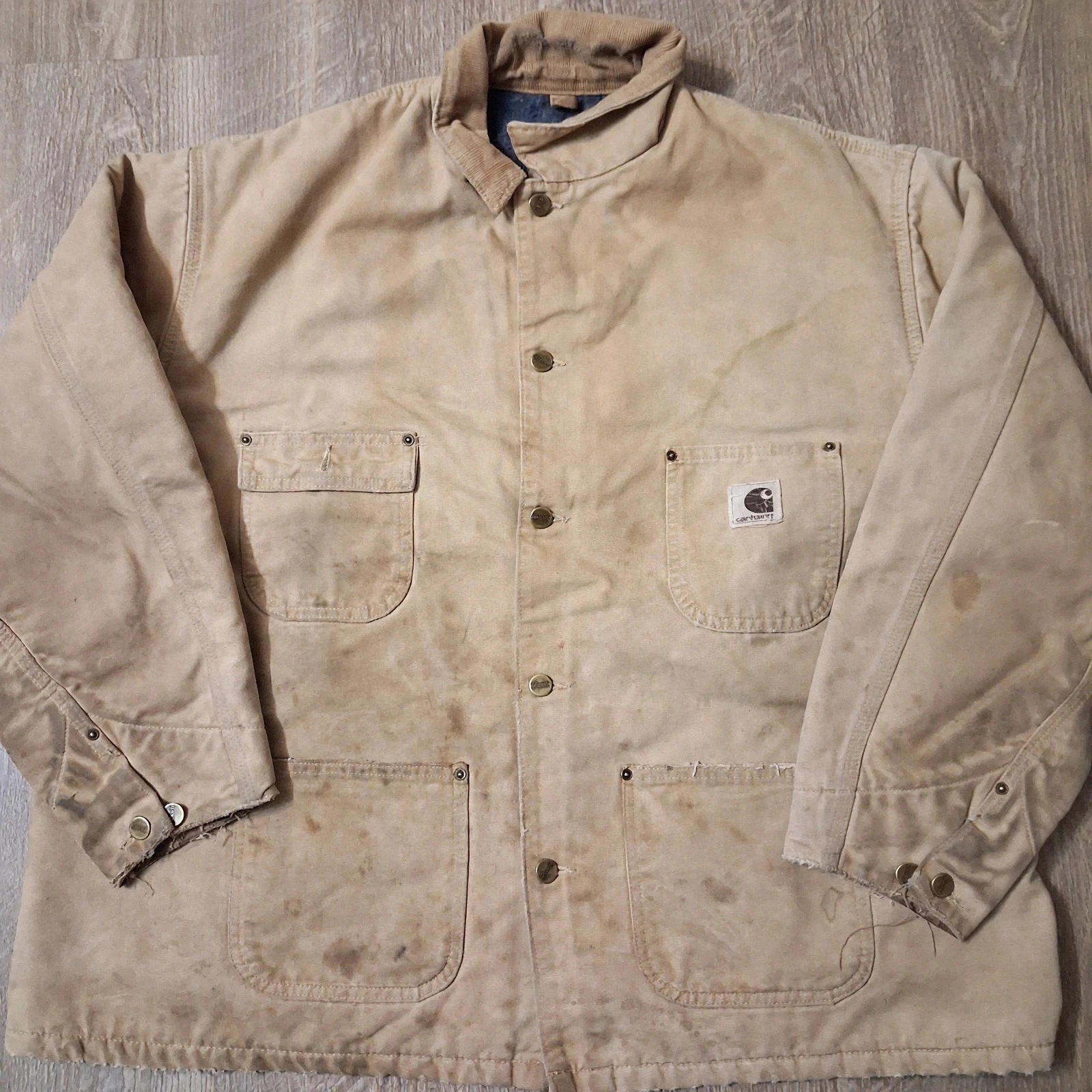Carhartt Chore Coat Blanket Lined Tan Duck Canvas Thrashed Distressed Made USA image 1