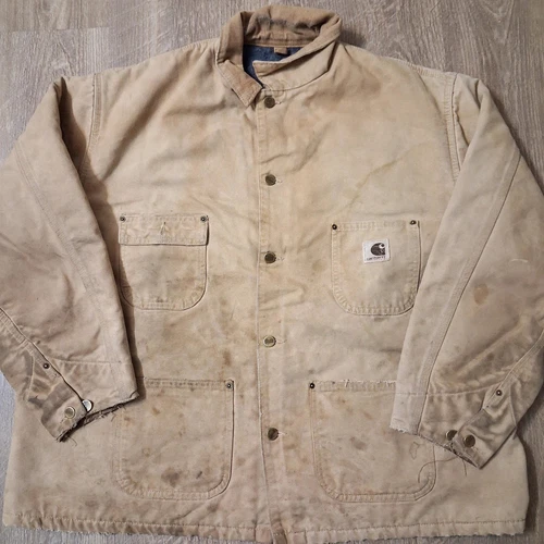 Carhartt Chore Coat Blanket Lined Tan Duck Canvas Thrashed Distressed Made USA video thumbnail