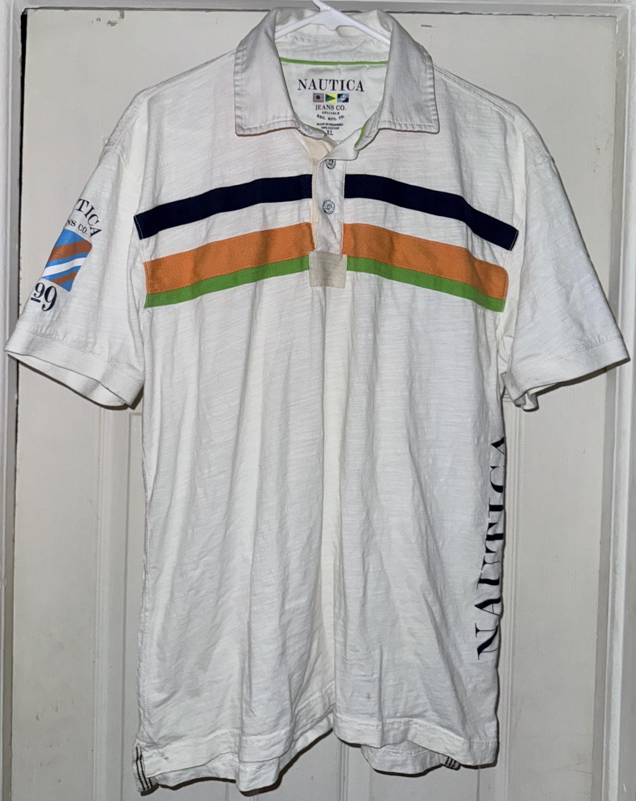 Vintage Nautica Jeans Co Shirt Mens XL Striped Polo Sailing Flags Spell Out 90s