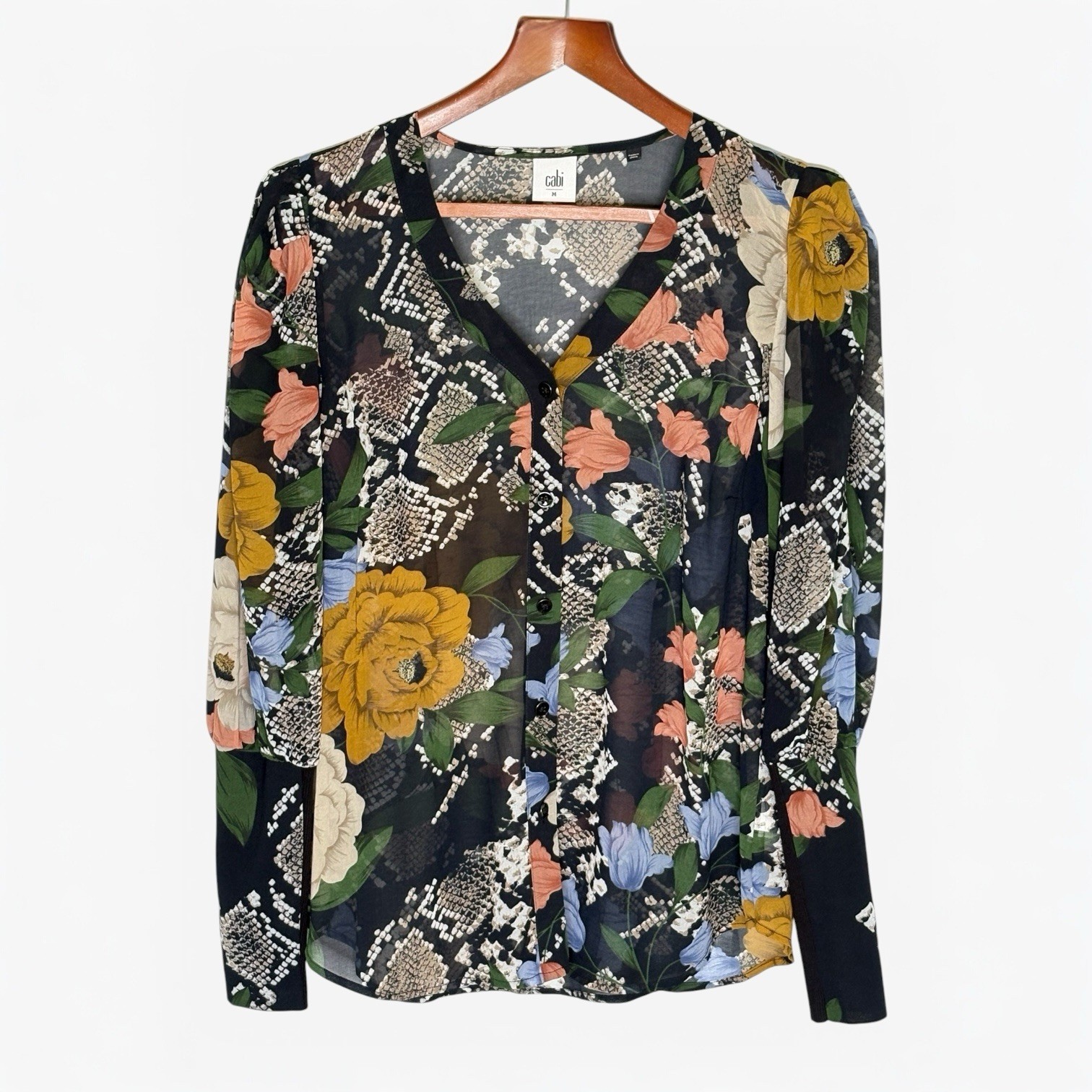 CAbi Snake Charmer Mixed Print Blouse • Size M • Sheer Floral & Snake • 3762