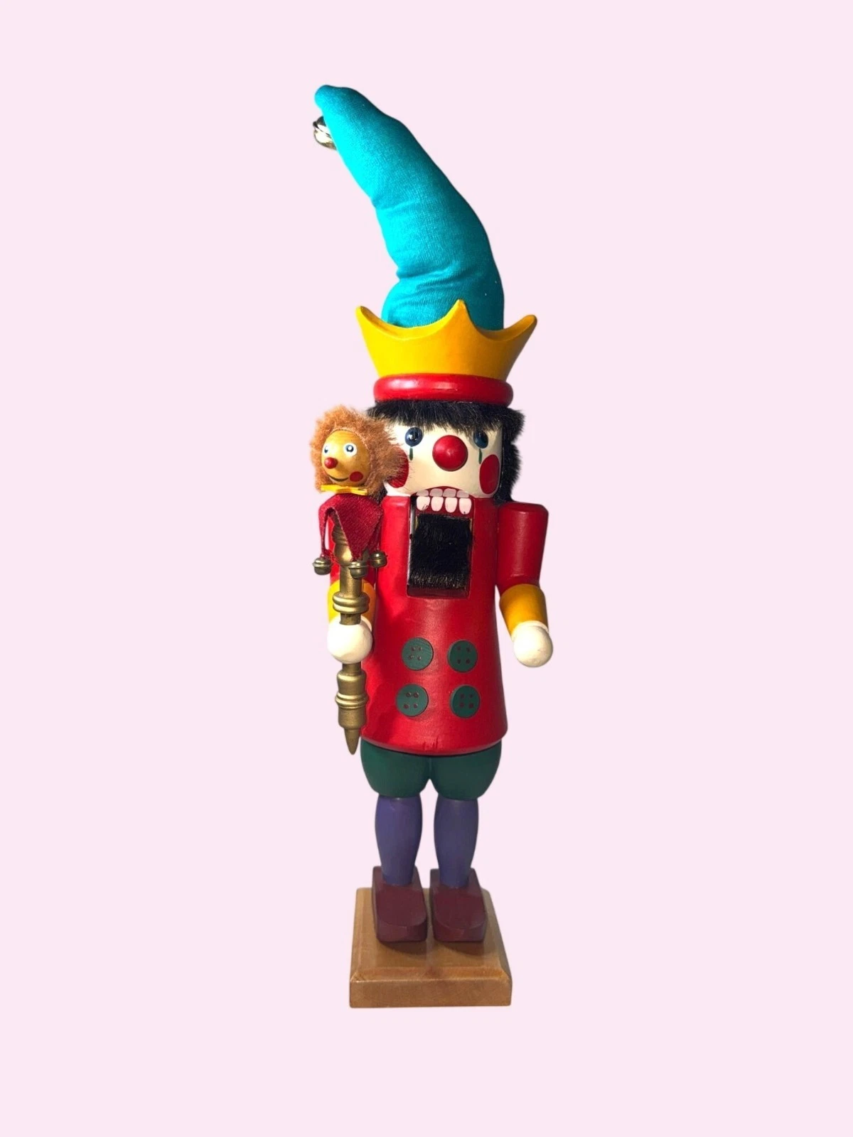 Large Hand-Painted Wooden Nutcracker Blue Hat Jingle Bell Red Gold Details