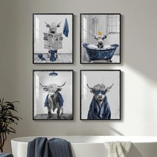 Framed Highland Cow Funny Animal Bathroom Wall Art, 4 Piece 8x10 In